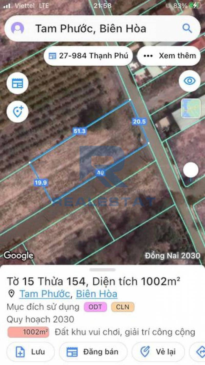 20.5x49 Đất Ở P.Tam Phước – Giá 7.2 Tỷ