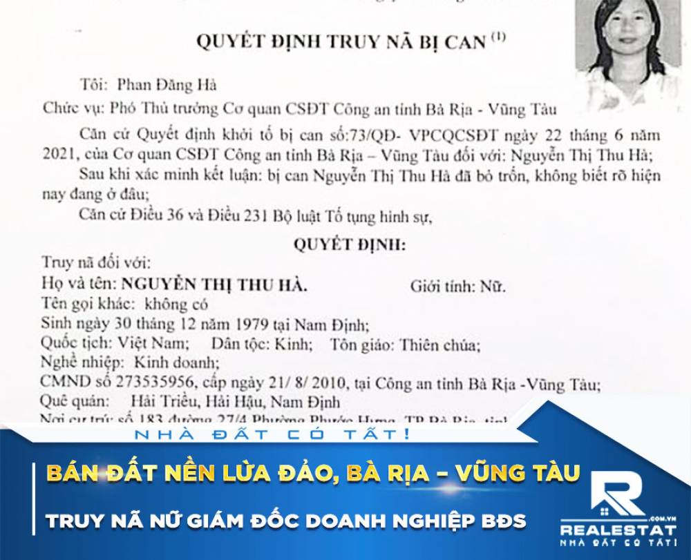 Bán đất nền lừa đảo, Bà Rịa – Vũng Tàu truy nã nữ giám đốc doanh nghiệp BĐS