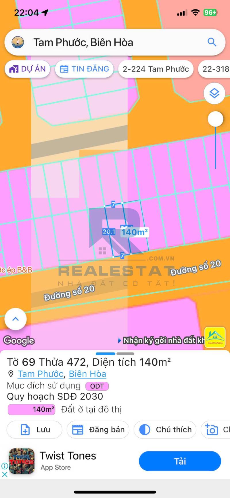 140m2 Đất Mặt Tiền Đ.20 P.Tam Phước Biên Hòa - Giá 3 Tỷ