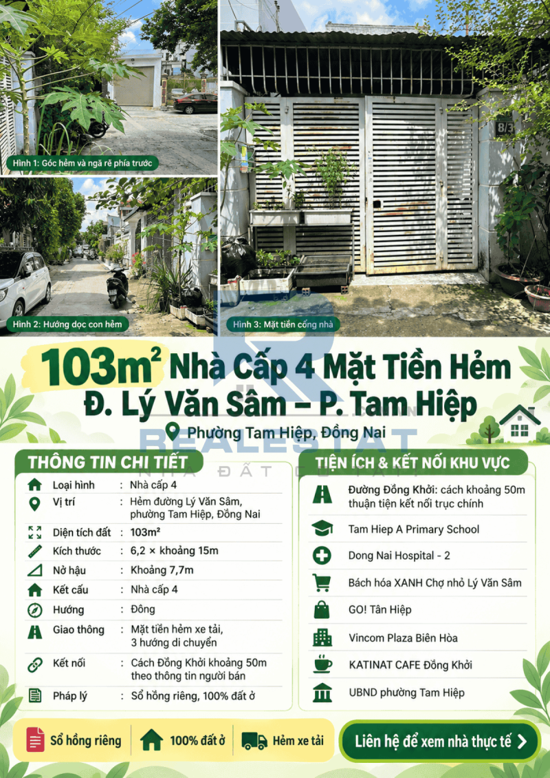 103m2 Nhà Cấp 4 Mặt Tiền Hẻm Đ.Lý Văn Sâm P.Tam Hiệp - 5.5 Tỷ