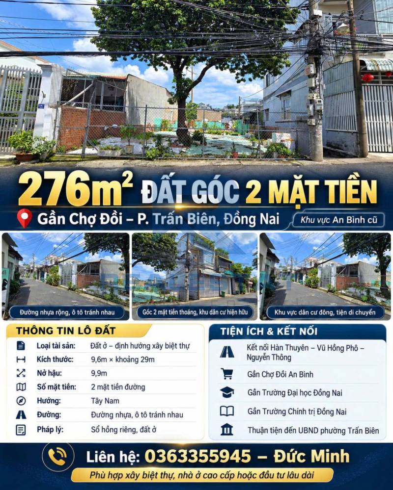 276m2 Đất Góc 2 Mặt Tiền Gần Chợ Đồi P.An Bình Cũ - 7.5 Tỷ