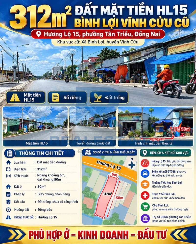 312m2 Đất Mặt Tiền Hl15 Bình Lợi Vĩnh Cửu Cũ - 3.4 Tỷ