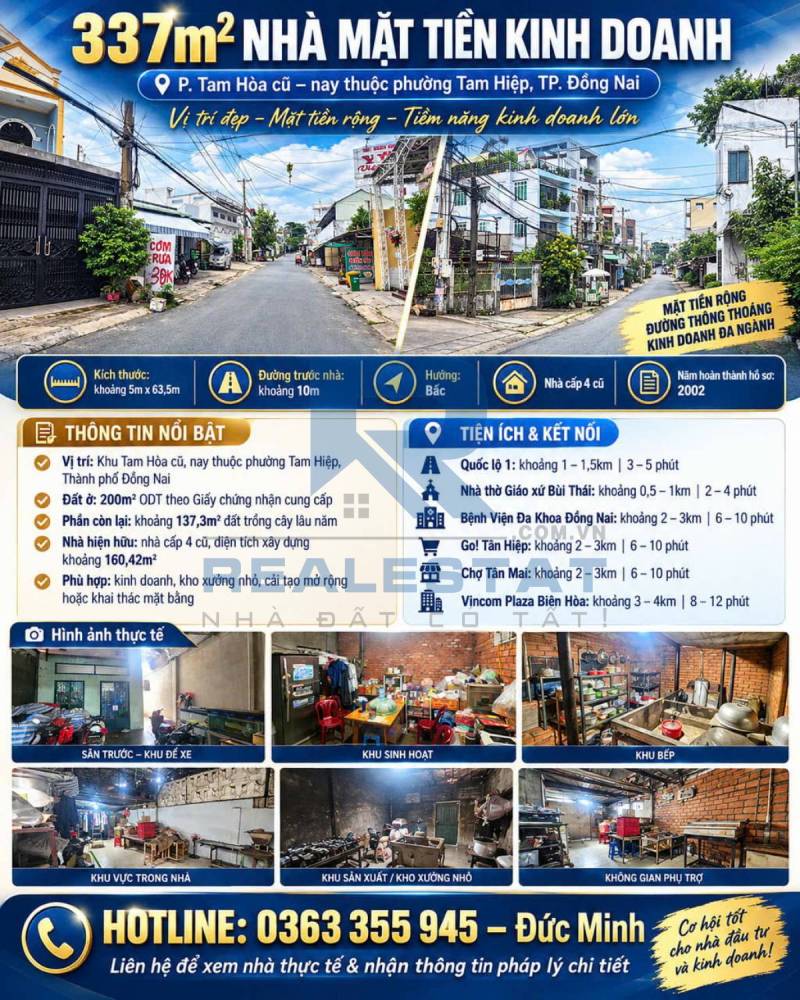 337m2 Nhà Mặt Tiền Kinh Doanh P.Tam Hòa Cũ - 9.5 Tỷ