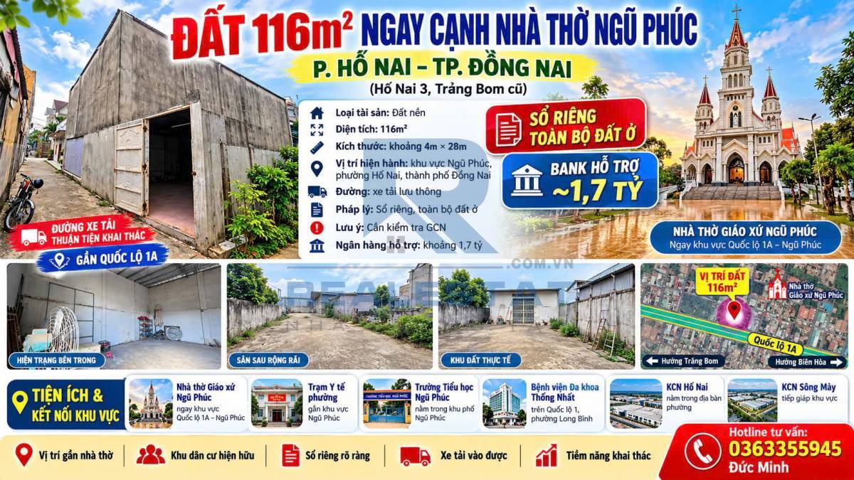 116m2 Đất Ngay Cạnh Nhà Thờ Ngũ Phúc Hố Nai 3 Trảng Bom Cũ - 1.95 Tỷ