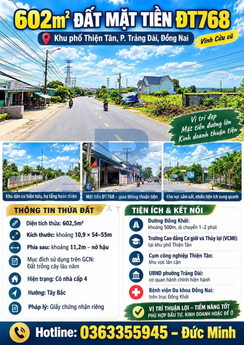 602m2 Đất Mặt Tiền Đt768 Thiện Tân Vĩnh Cửu Cũ - 4.8 Tỷ