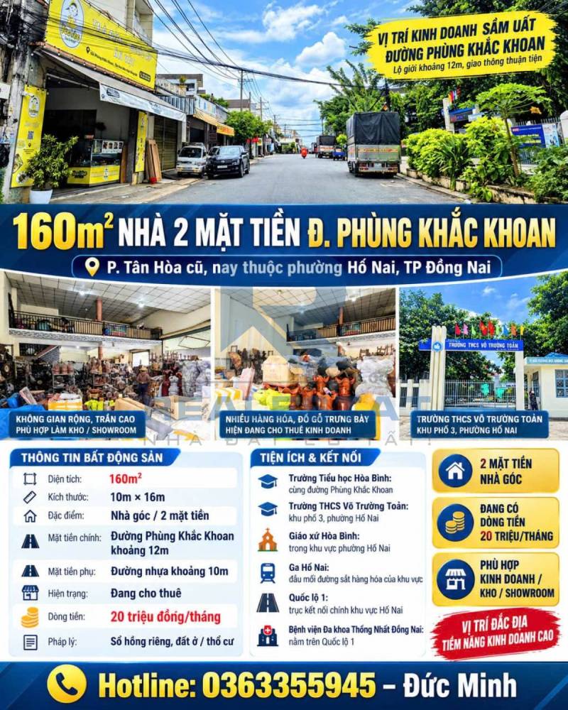 160m2 Nhà 2 Mặt Tiền Đ.Phùng Khắc Khoan P.Tân Hòa Cũ - 10 Tỷ