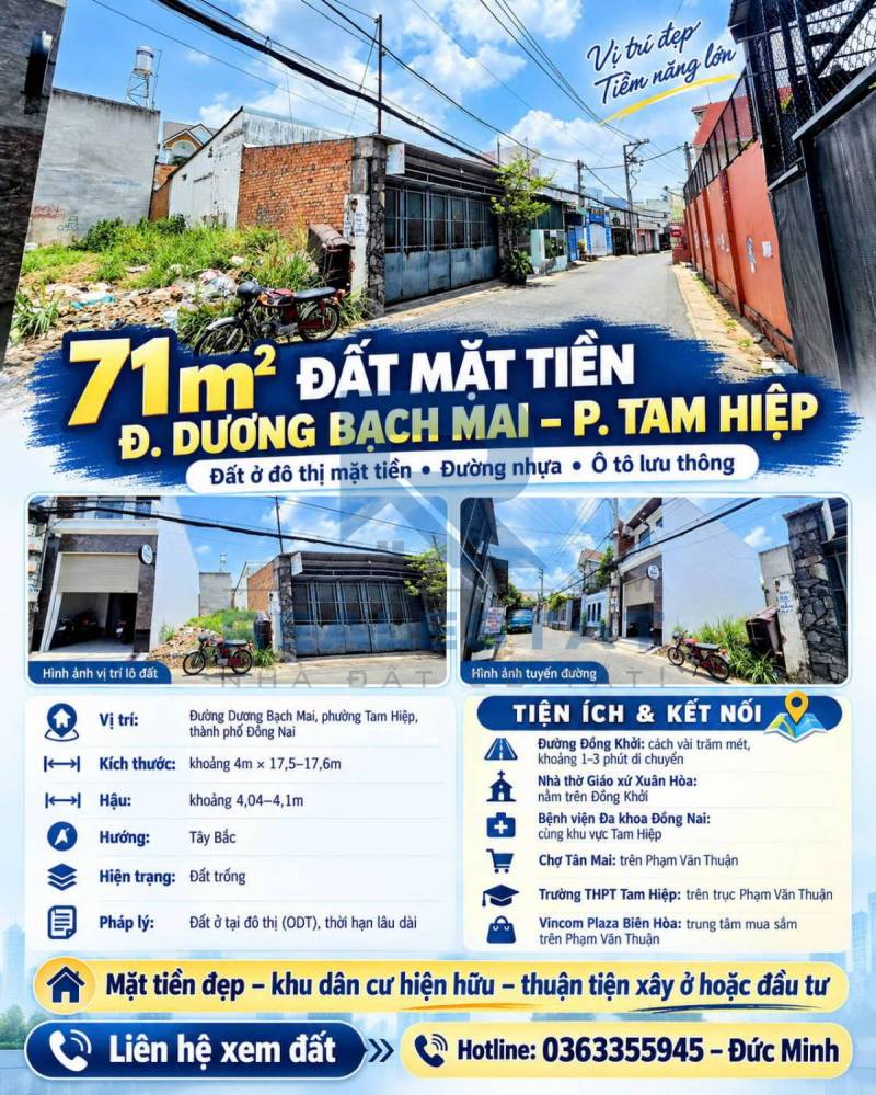 71m2 Đất Mặt Tiền Đ.Dương Bạch Mai P.Tam Hiệp - 3.6 Tỷ