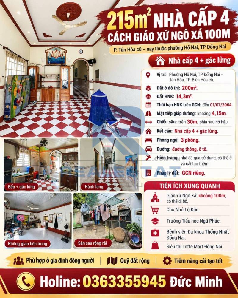 215m2 Nhà Cấp 4 Cách Giáo Xứ Ngô Xá 100m P.Tân Hòa Cũ - 3.2 Tỷ