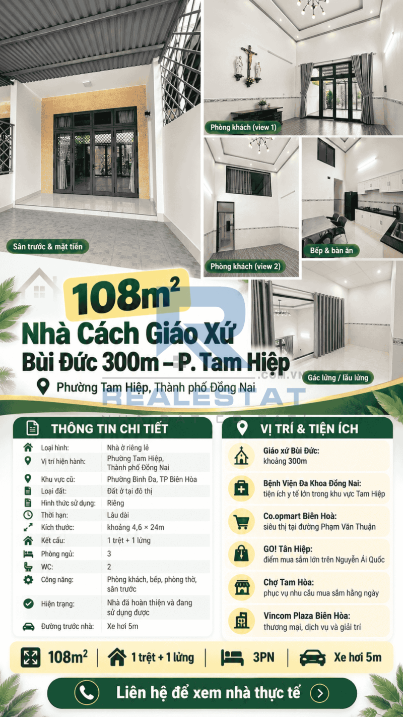 108m2 Nhà Cách Giáo Xứ Bùi Đức 300m P.Tam Hiệp - 4.39 Tỷ