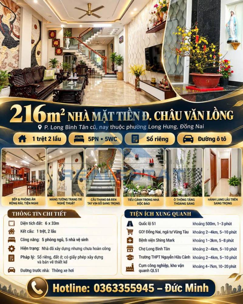 216m2 Nhà Măt Tiền Đ.Châu Văn Lồng P.Long Bình Tân Cũ -  9.8 Tỷ
