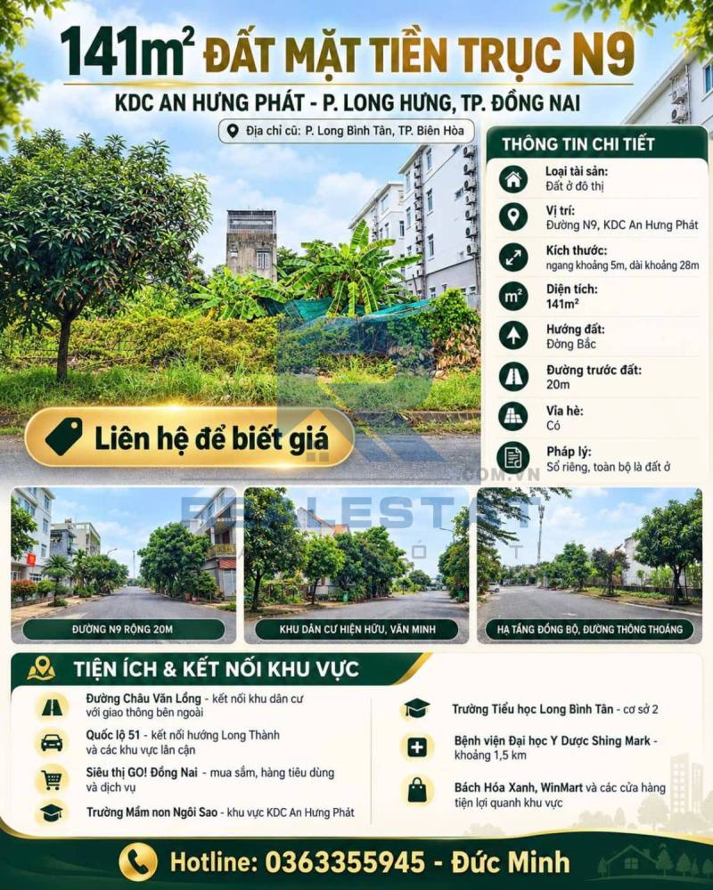 141m2 Đất Mặt Tiền Trục N9 Kdc An Hưng Phát P.Long Bình Tân - 4.3 Tỷ