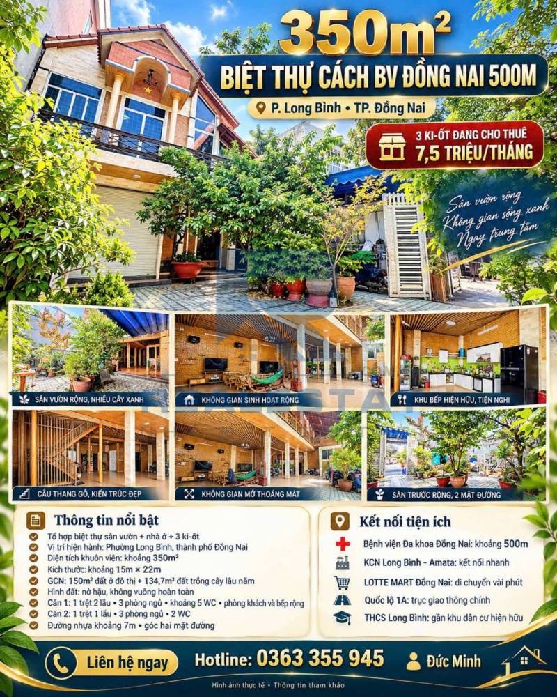 350m2 Biệt Thự Cách Bệnh Viện Đồng Nai 500m P.Long Bình - 14 Tỷ