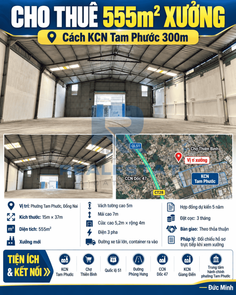 Cho Thuê 555m2 Xưởng Cách Kcn P.Tam Phước 300m - 25 Triệu