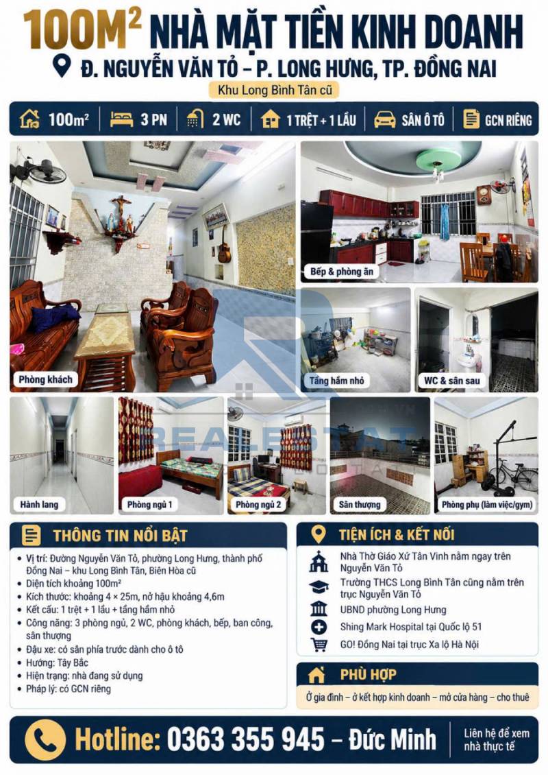 100m2 Nhà Mặt Tiền Kinh Doanh Đ.Nguyễn Văn Tỏ P.Long Bình Tân Cũ
