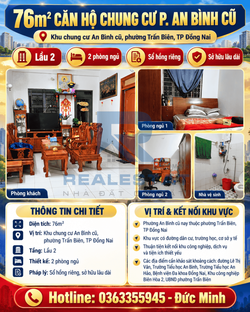 76m2 Căn Hộ Chung Cư P.An Bình Cũ - 1.75 Tỷ