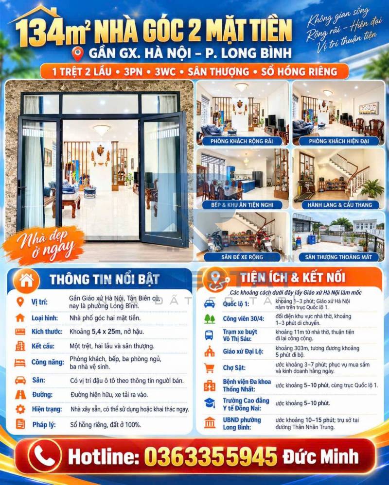134m2 Nhà Góc 2 Mặt Tiền Gần Gx.Hà Nội P.Tân Biên Cũ - 6.8 Tỷ