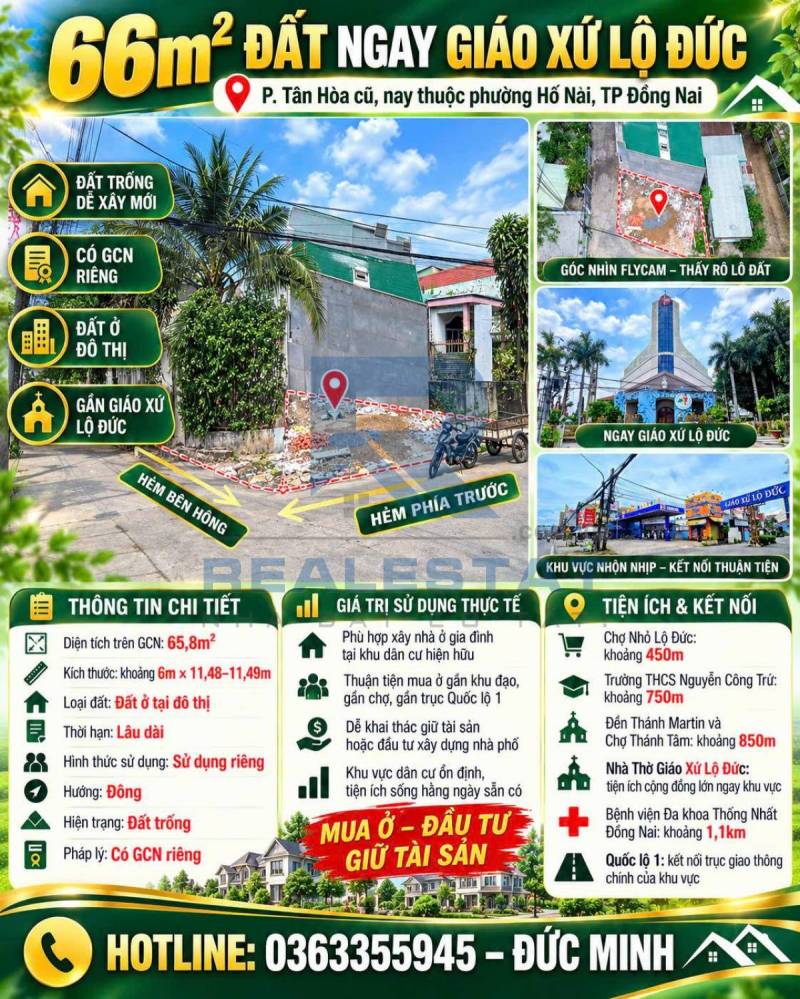 66m2 Đất Ngay Giáo Xứ Lộ Đức P.Tân Hòa Cũ - 1.75 Tỷ