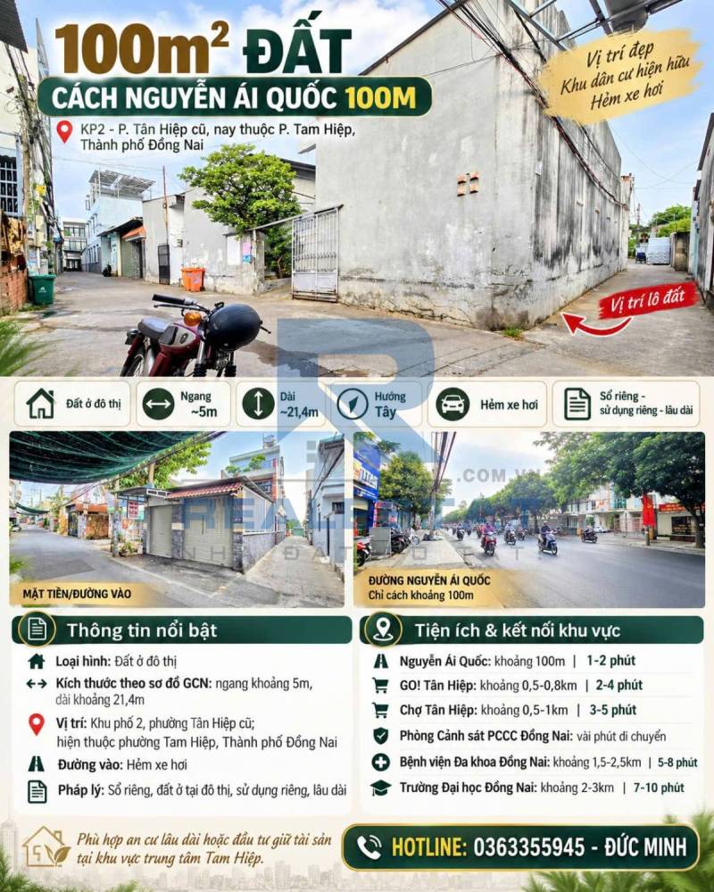 100m2 Đất Cách Nguyễn Ái Quốc 100m Kp2 P.Tân Hiệp Cũ - 2.45 Tỷ