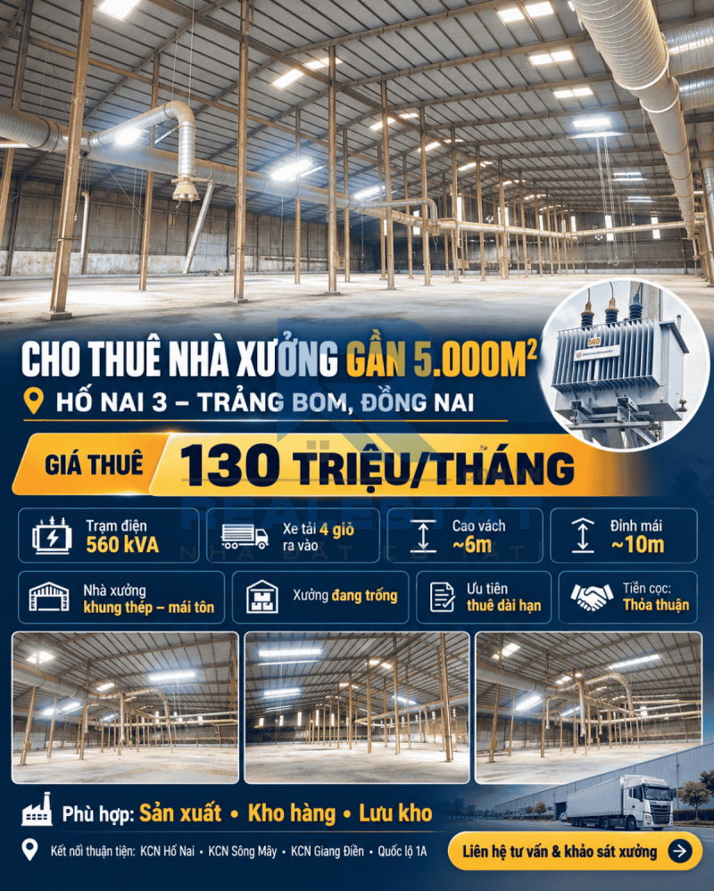 Cho Thuê 5000m2 Nhà Xưởng Hố Nai 3 Trảng Bom