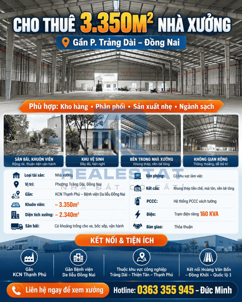 Cho Thuê 3350m2 Nhà Xưởng Gần P.Trảng Dài - 120 Triệu
