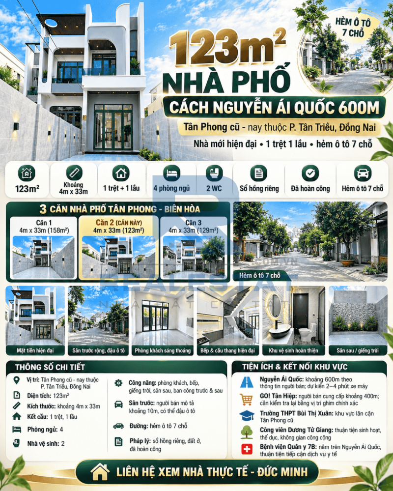 123m2 Nhà Cách Nguyễn Ái Quốc 600m P.Tân Phong Cũ - 4.15 Tỷ