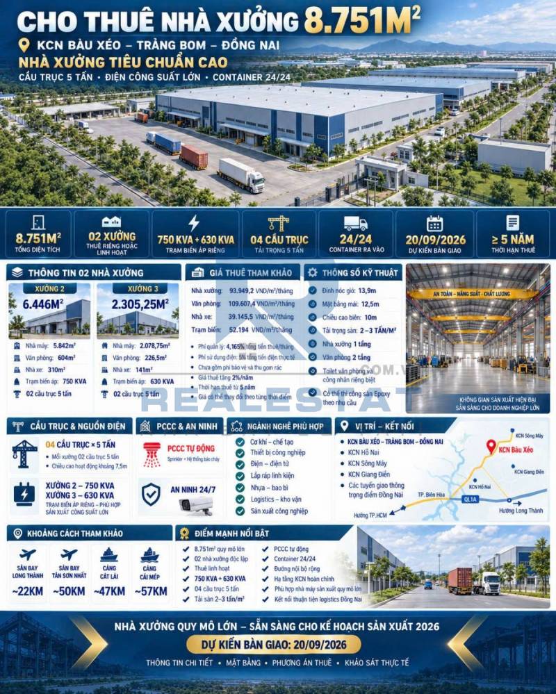 Cho Thuê 8751m2 KCN Bàu Xéo Sông Trầu Trảng Bom