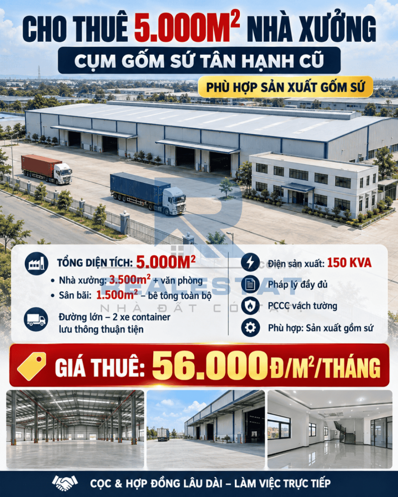 Cho Thuê 5000m2 Nhà Xưởng Cụm Gốm Sứ Tân Hạnh Cũ