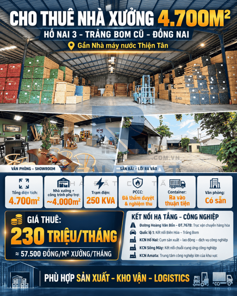 Cho Thuê 4700m2 Nhà Xưởng Hố Nai 3 Trảng Bom Cũ