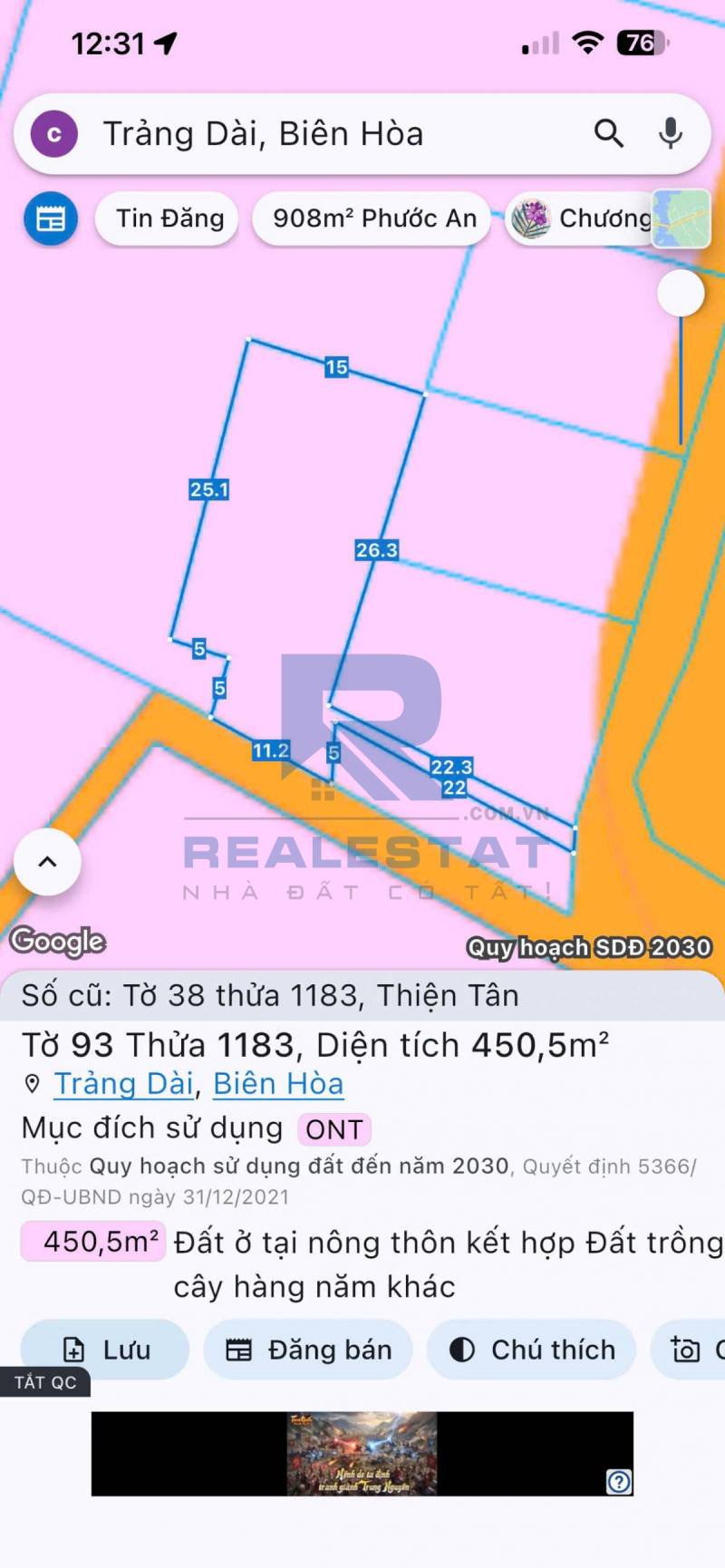 450m2 Đất Thiện Tân Vĩnh Cửu Cũ - 2.8 Tỷ