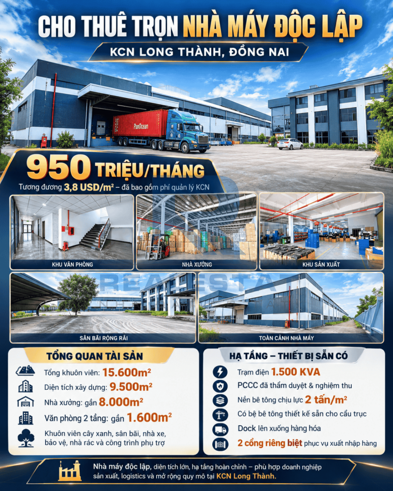Cho Thuê 15.600m2 Nhà Máy Độc Lập Kcn Long Thành