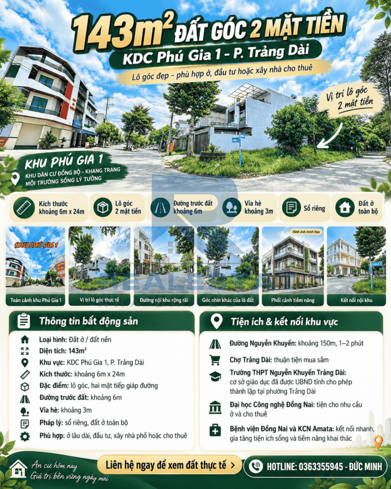 143m2 Đất Góc 2 Mặt Tiền Kdc Phú Gia 1 P.Trảng Dài - 5 Tỷ